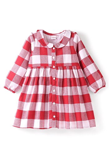 Babyhug Babyhug Yarn Dyed Checks Full Sleeves Dress With Frill Detailing - Red