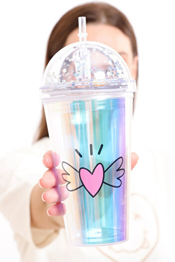 LEON LİFE Led Lighted Heart Themed Figured Glass with Straw, Mica and 450 ml
