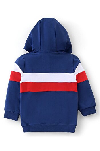 Babyhug Babyhug Cotton Knit Full Sleeves Hooded Sweat Jacket with Cut & Sew Design - Navy Blue