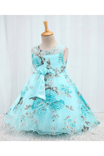 Babyhug Babyhug Sleeveless  Organza Party Frock With Floral Print & Bow Applique- Grey