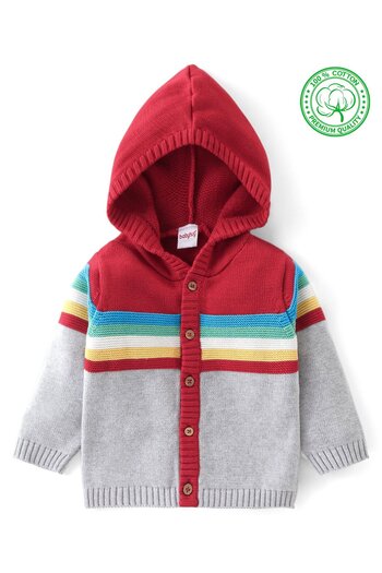 Babyhug Babyhug Full Sleeves Front Open Hooded Sweater With Stripes & Colour block Design - Red & Grey