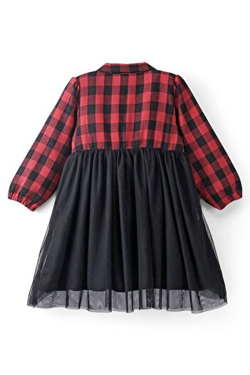 Babyhug Babyhug Cotton Woven Full Sleeves Frock With Mesh Hem & Yarndyed Checks - Red & Black