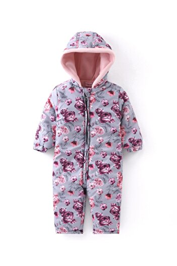 Babyhug Babyhug Woven Full Sleeves Winter Wear Hooded Romper with Floral Print - Grey