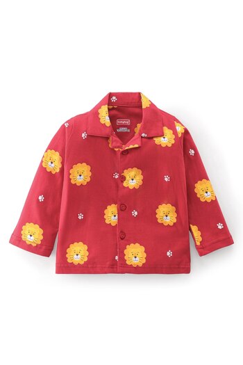 Babyhug Babyhug Cotton Knit Full Sleeves Pyjama Set With Lion Print - Red