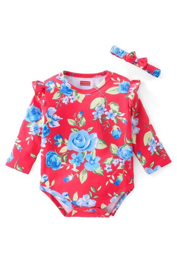 Babyhug Babyhug 100% Cotton Full Sleeves  Onesie with Head Band Floral Print - Red