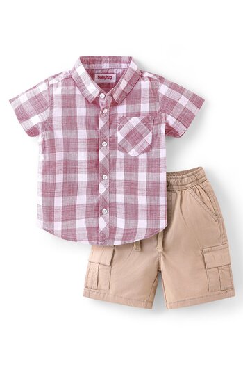 Babyhug Babyhug Cotton Knit Half Sleeves Checks Shirt & Shorts Set  - Red
