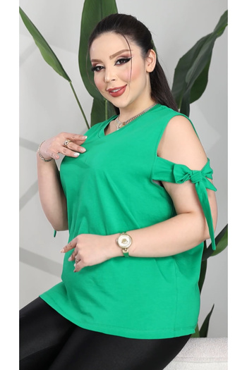 HÜLYA BUTİK Plus Size Women's Green Sleeve Tie Strap Blouse