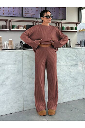 Basko fashion Gül Kurusu Triko Fitilli Alt Üst Takım