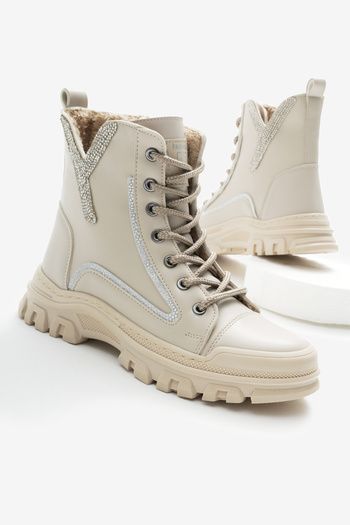 Tonny Black Γυναικείες μπότες Thermo Sole με μοτίβο σε μπεζ δέρμα με κορδόνια και φερμουάρ