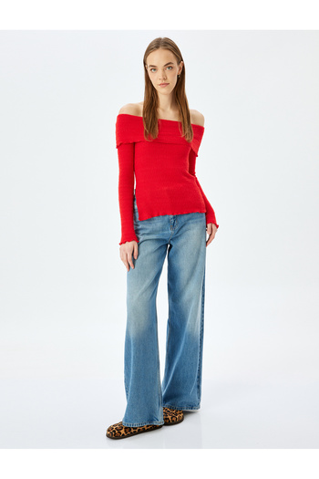 Koton Madonna Collar Off-The-Shoulder Long Sleeve Slit Detail T-Shirt