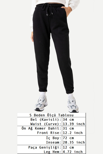 Domoda Black 3 Thread Raised Cotton Women's Sweatpants with Elastic Legs and Pockets