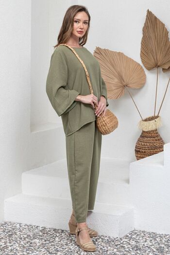 KÜÇÜĞÜM BUTİK Green Cotton Muslin Long Sleeve Blouse and Loose Trousers Set