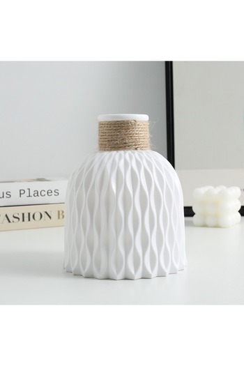 Choice White 1pc Pineapple Pattern Twine Imitation Ceramic Plastic Vase Simple Water Wave Pattern Flower Ar