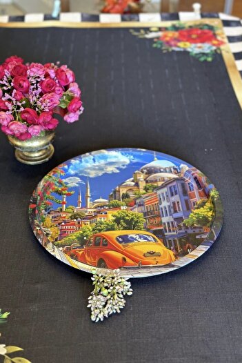 MAKRİ HOME Istanbul Patterned Tray, Presentation Tray, Metal Tray, 32 cm Diameter, 2 cm Depth