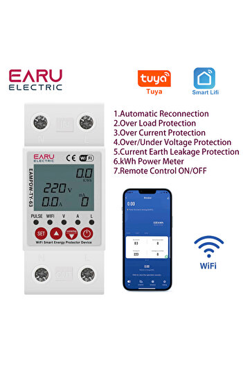 EARUELETRIC 2P 63A TUYA APP WiFi Smart Circuit Earth Leakage Over Under Voltage Protector Relay Device Switch...