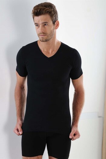 Arma Yıldız Men's Black Slim Fit V-neck Cotton T-shirt - Short Sleeve, Undershirt