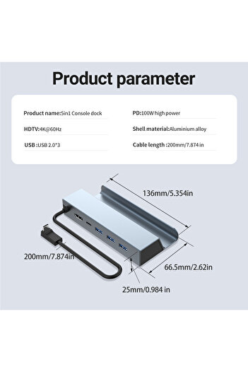 Choice موزع ألعاب USB-C رمادي فضائي بدقة 4K@60Hz مع قاعدة توصيل من النوع C مع منفذ HDMI بدقة 4K وشحن PD بقوة 100 وات ومنافذ USB2.0