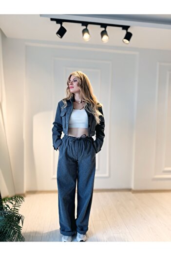 Store Çizgili Antrasit Kaşe Takım