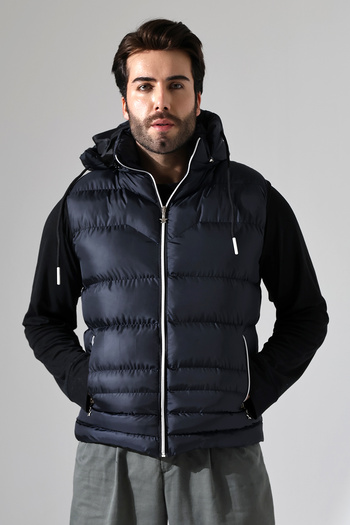 B.HE.Z Men's Gel Padding Lined Inner Pocket Detachable Zipper Hood Puffer Vest Navy