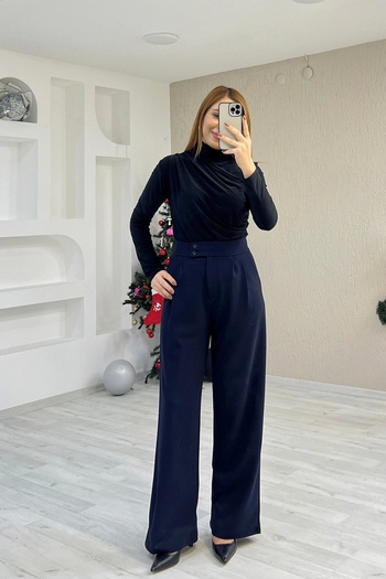 İrka Moda Double Buttoned Palazzo Navy Blue Trousers