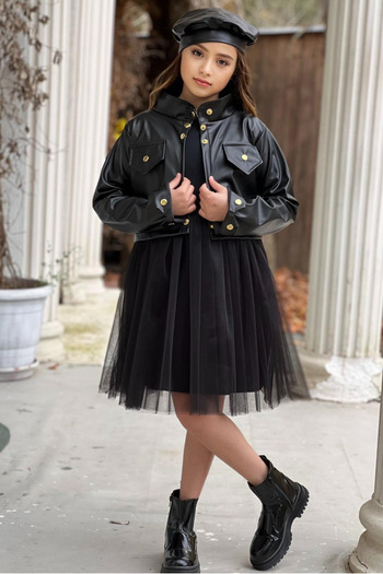 ELAFOR Girls' Festive Dress with Leather Jacket and Leather Hat Skirt Tulle April 23 Dress