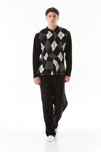 Fulla Moda Diamond Patterned Collar Buttoned Fleece Pajamas Set
