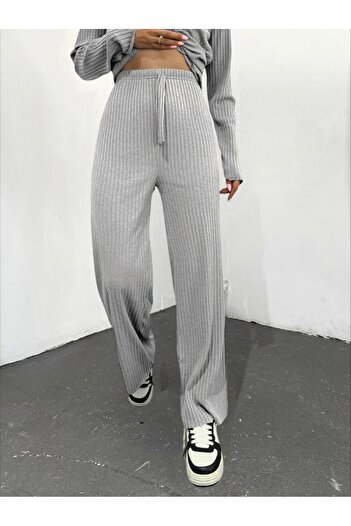 Modamorfo Lace Detailed Loose Ribbed Trousers -Light Gray
