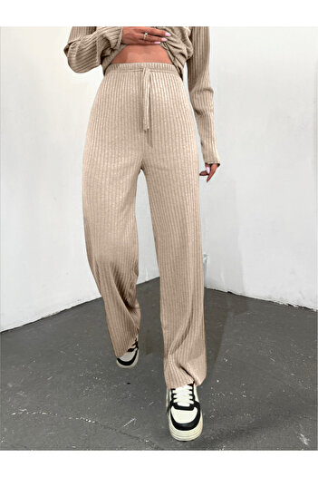 Modamorfo Beige Loose Ribbed Trousers - Lacing Detail