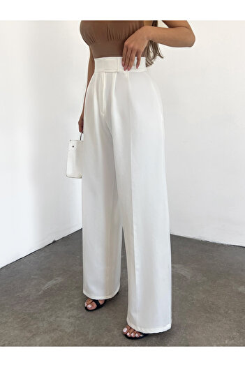 Modamorfo Velcro Belt Pleated Wide Leg Trousers -White