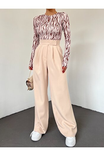Modamorfo Velcro Belt Pleated Wide Leg Trousers -Beige