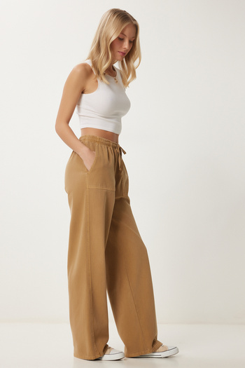 Happiness İstanbul Women's Camel Pale Effect Wide Leg Denim Palazzo Pants Mx00179