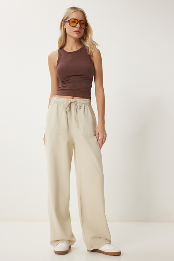 Happiness İstanbul Cream Wide Leg Pale Effect Denim Palazzo Trousers - Mx00179