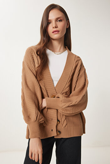 Happiness İstanbul Dámské sušenkové pletené balónkové rukávy s volným úpletem Cardigan Mx00176