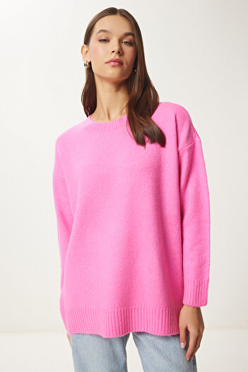 Happiness İstanbul Pulover oversize roz pentru tricotaje de damă PN00054