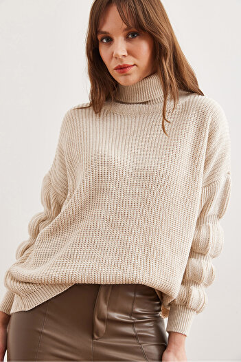 Olalook Women's Stone Sleeve Detailed Turtleneck Sweater Kzk- 19000927