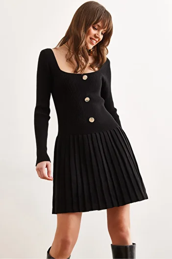 Olalook Rochie de damă cu nasturi negri cu fustă plisată din tricotaje ELB- 19002326