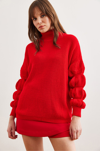Olalook Women's Red Sleeve Detailed Turtleneck Sweater Kzk- 19000927