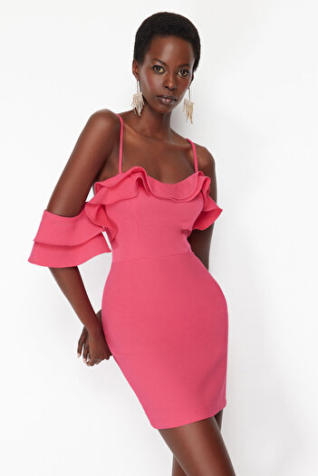 Trendyol Collection Φούξια Flounced κοντό, κομψό βραδινό φόρεμα - TPRSS24EL00075
