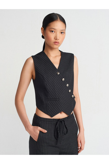 Dilvin 60570 Asymmetrical Double Breasted Vest-Black