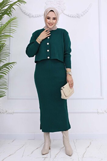 benguen Emerald Green Knitwear Set - Button Detail, Gilet 3064