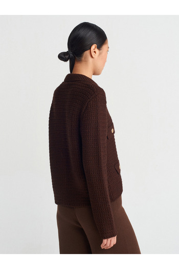 Dilvin 60925 Polo Neck Buttoned Knitwear Cardigan-Brown