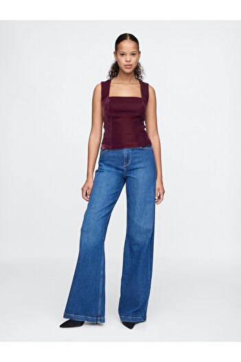 GAP Kadın Kırmızı Kadife Kare Yaka Crop Bluz