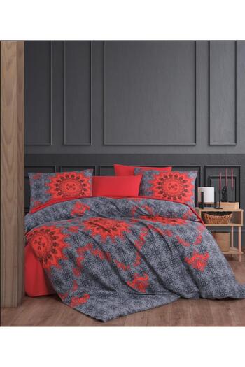 Bayev Double Cotton Duvet Cover Set - Aysima Grey and Red Bed Sheet, Pillow - Ranforce Fabric