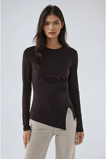 Hiccup Asymmetrical Long Sleeve Crew Neck Stretchy Top with Slit Detail