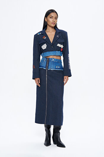 Quzu Navy Blue Matcli Denim Midi Skirt - Zipper Accessories