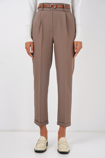 Bigdart 6686 Model - Women's Camel Pleated and Belted Fabric Pants