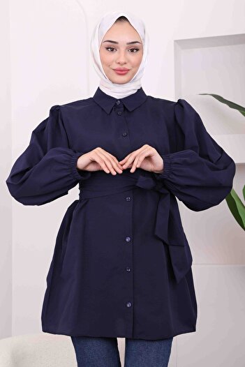 İmajButik Navy Blue Waist Belted Shirt Tunic