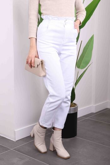 İmajButik Ecru Waist Elastic Mom Jeans Trousers