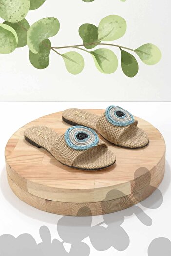 Bambi Evil Eye Bead Straw Women's Slippers K04666012828