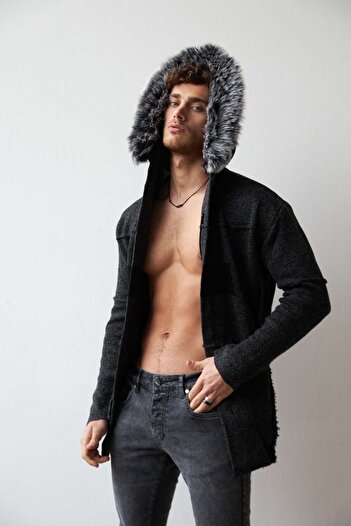 THIMOON Men's Black Fur Hooded Pocket Zippered Long Cardigan